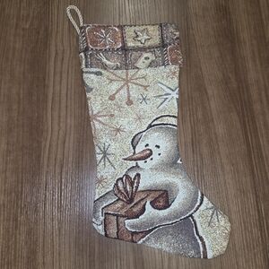 Christmas Stocking Tapestry Snowman Bird Birdhouse Snowflakes Neutral
